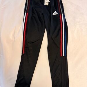 Adidas Kids Black Track Pants with Red and Blue Stripes